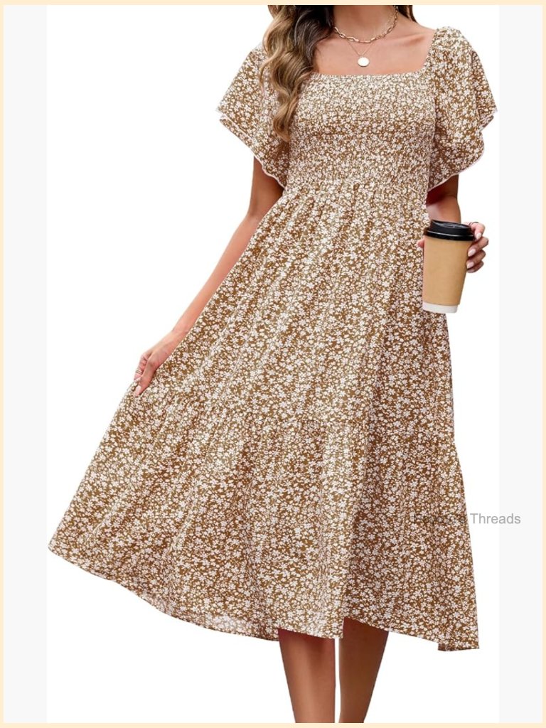 Summer Floral Midi Sundress Square Neck Smocked Boho Flowy Beach Dress Short